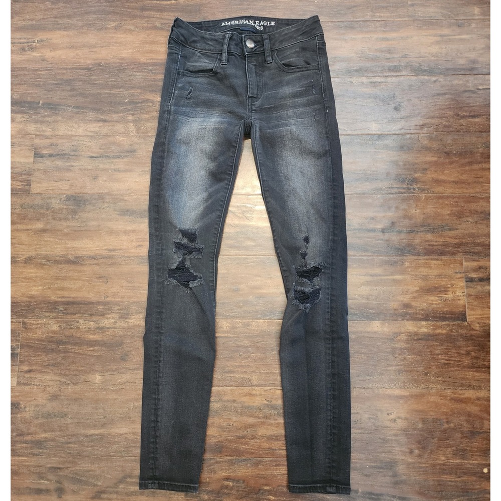 American Eagle Skinny Jeans Women 00 Regular Distressed Black Denim Stretch Edgy
